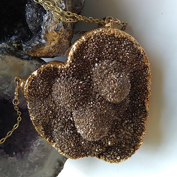 VTG EST. 18K /STERLING SILVER Vermeil NATURAL Druzy Heart Pendant Necklace 440ct - Picture 3 of 16